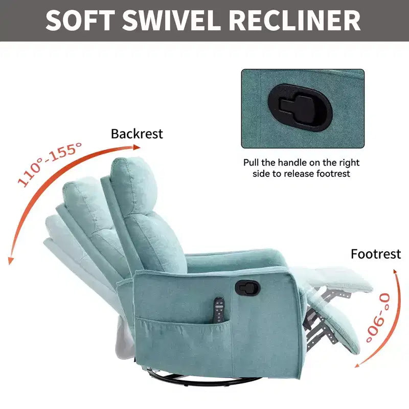 Fauteuil inclinable, pivotant et berçant en tissu avec chauffage et massage, monoplace – Beige / Bleu / Marron / Gris foncé / Vert / Kaki / Orange
