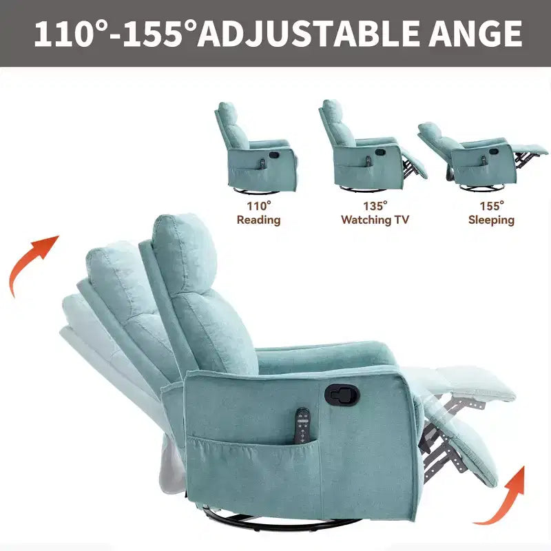Fauteuil inclinable, pivotant et berçant en tissu avec chauffage et massage, monoplace – Beige / Bleu / Marron / Gris foncé / Vert / Kaki / Orange