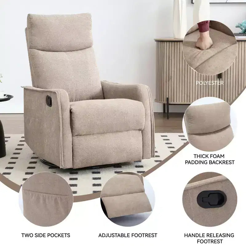 Fauteuil inclinable, pivotant et berçant en tissu avec chauffage et massage, monoplace – Beige / Bleu / Marron / Gris foncé / Vert / Kaki / Orange