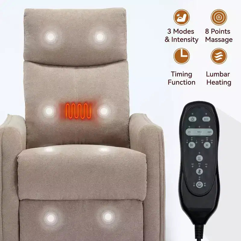 Fauteuil inclinable, pivotant et berçant en tissu avec chauffage et massage, monoplace – Beige / Bleu / Marron / Gris foncé / Vert / Kaki / Orange