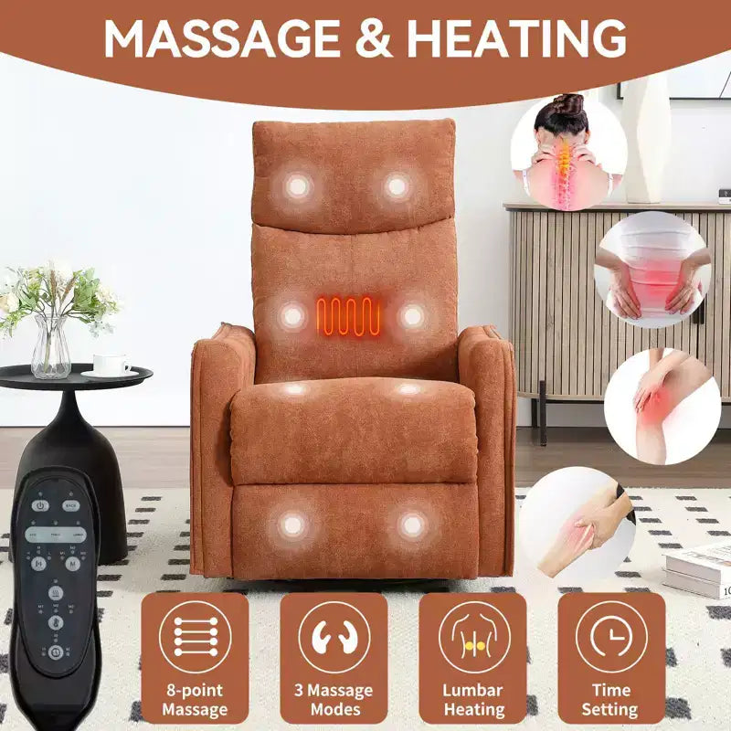 Fauteuil inclinable, pivotant et berçant en tissu avec chauffage et massage, monoplace – Beige / Bleu / Marron / Gris foncé / Vert / Kaki / Orange