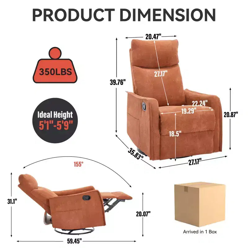 Fauteuil inclinable, pivotant et berçant en tissu avec chauffage et massage, monoplace – Beige / Bleu / Marron / Gris foncé / Vert / Kaki / Orange