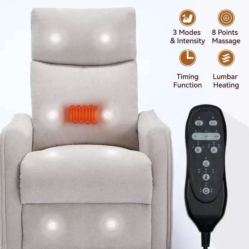Fauteuil inclinable, pivotant et berçant en tissu avec chauffage et massage, monoplace – Beige / Bleu / Marron / Gris foncé / Vert / Kaki / Orange