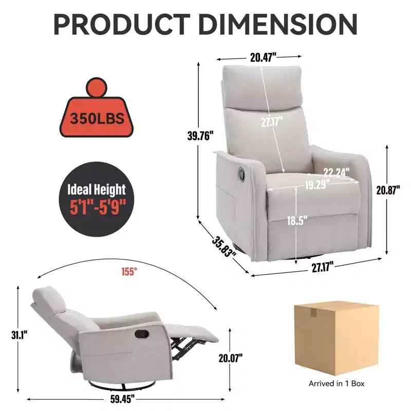 Fauteuil inclinable, pivotant et berçant en tissu avec chauffage et massage, monoplace – Beige / Bleu / Marron / Gris foncé / Vert / Kaki / Orange