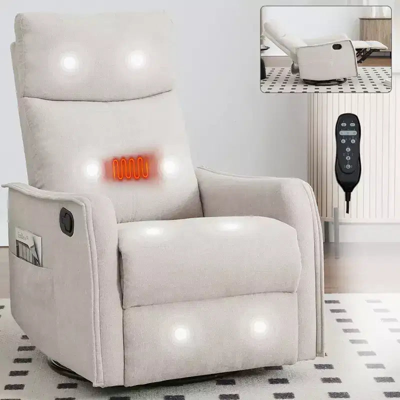 Fauteuil inclinable, pivotant et berçant en tissu avec chauffage et massage, monoplace – Beige / Bleu / Marron / Gris foncé / Vert / Kaki / Orange