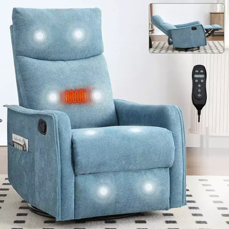 Fauteuil inclinable, pivotant et berçant en tissu avec chauffage et massage, monoplace – Beige / Bleu / Marron / Gris foncé / Vert / Kaki / Orange