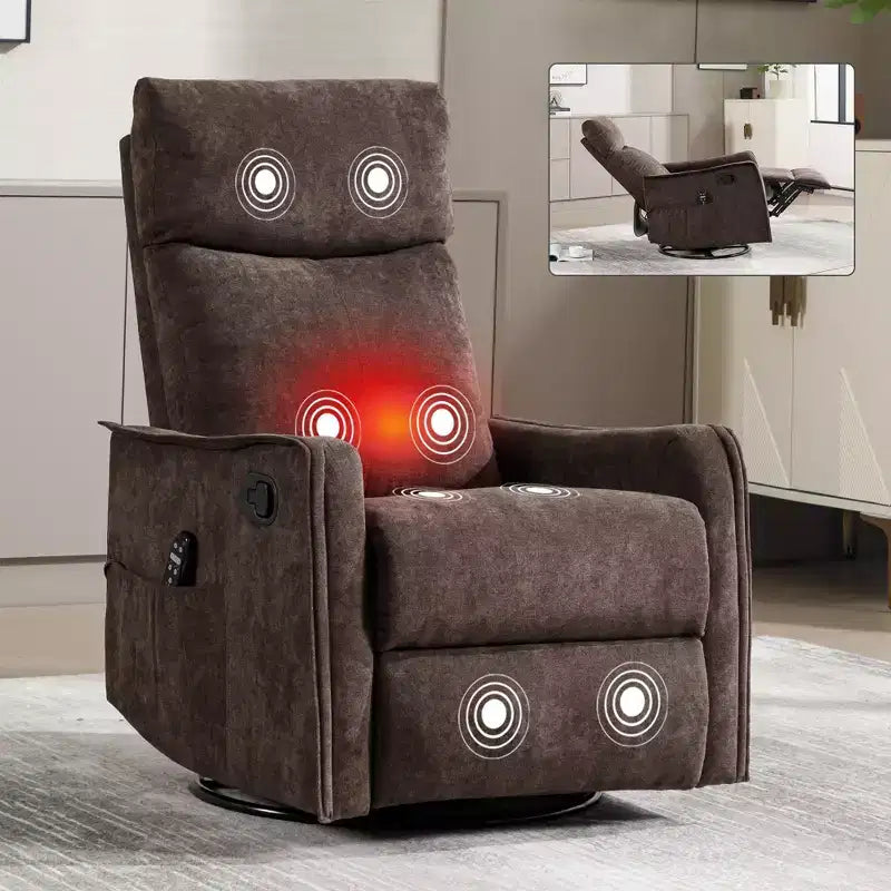 Fauteuil inclinable, pivotant et berçant en tissu avec chauffage et massage, monoplace – Beige / Bleu / Marron / Gris foncé / Vert / Kaki / Orange