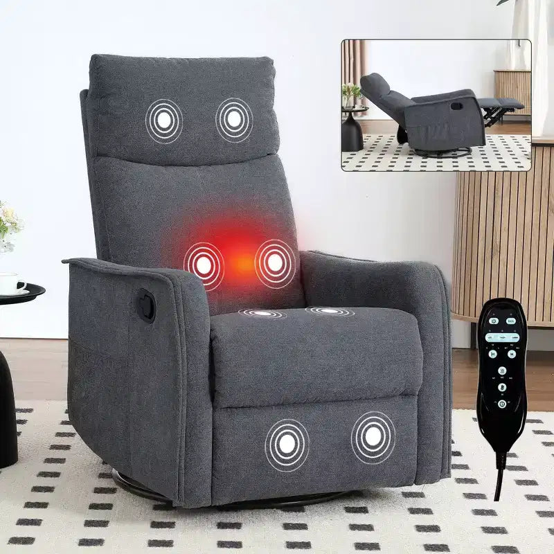 Fauteuil inclinable, pivotant et berçant en tissu avec chauffage et massage, monoplace – Beige / Bleu / Marron / Gris foncé / Vert / Kaki / Orange