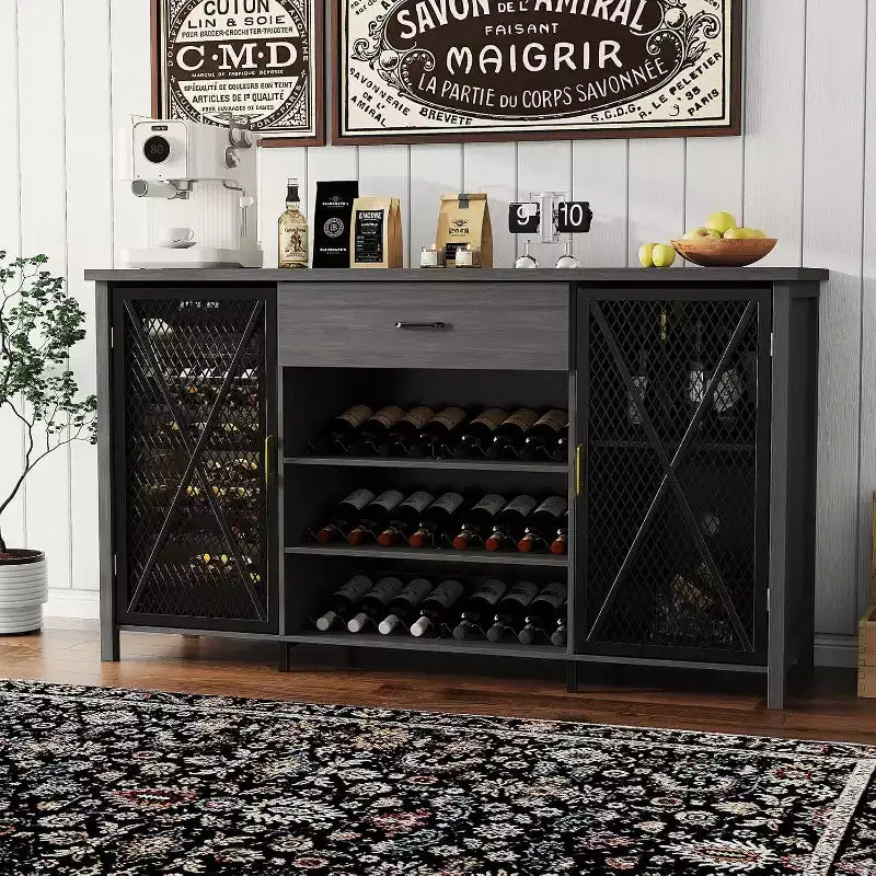 Meuble de bar industriel noir, unité simple, casier à vin et tiroir de rangement