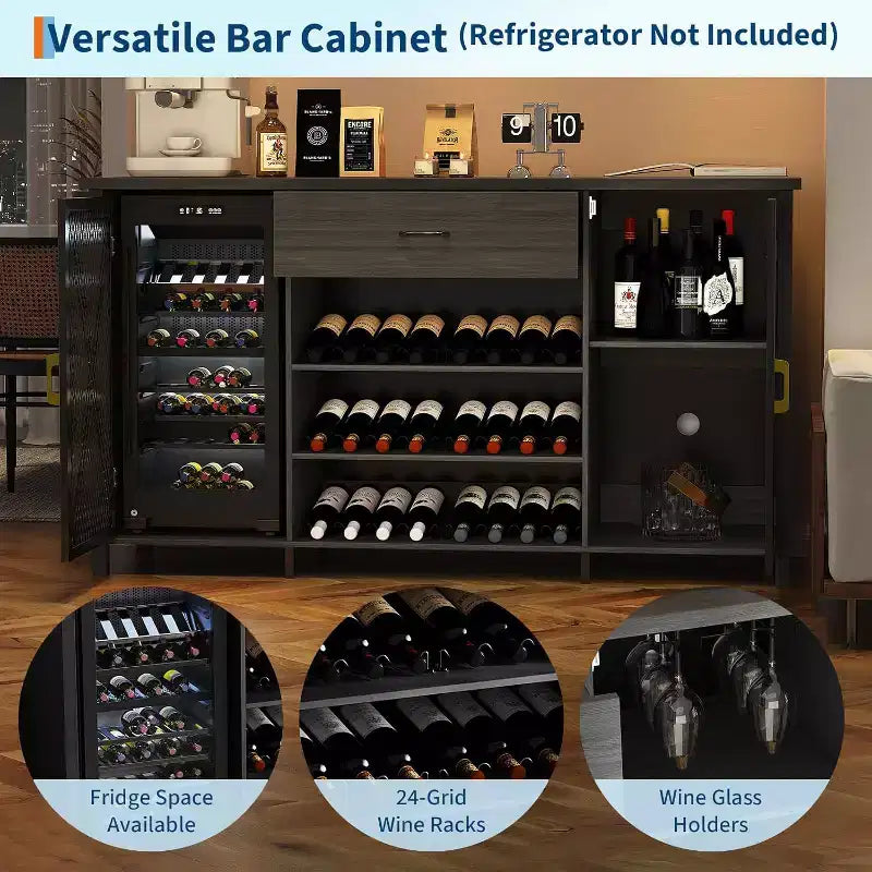 Meuble de bar industriel noir, unité simple, casier à vin et tiroir de rangement