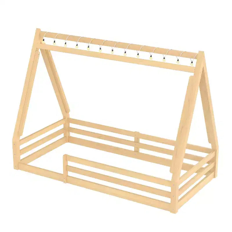 Tente cabane lit au sol pour enfants vert/rose avec bande lumineuse et barrières de sécurité – Simple/Double