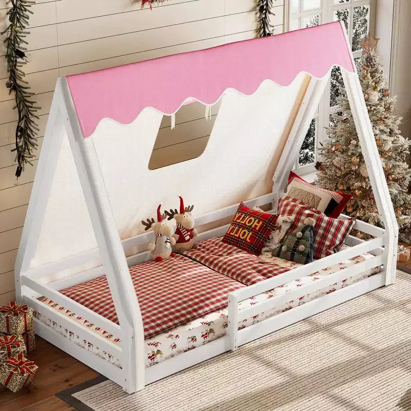 Tente cabane lit au sol pour enfants vert/rose avec bande lumineuse et barrières de sécurité – Simple/Double