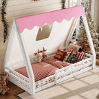 Tente cabane lit au sol pour enfants vert/rose avec bande lumineuse et barrières de sécurité – Simple/Double