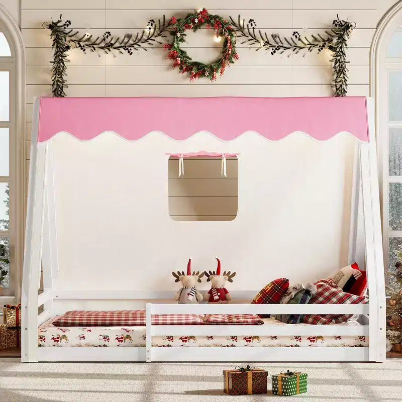 Tente cabane lit au sol pour enfants vert/rose avec bande lumineuse et barrières de sécurité – Simple/Double