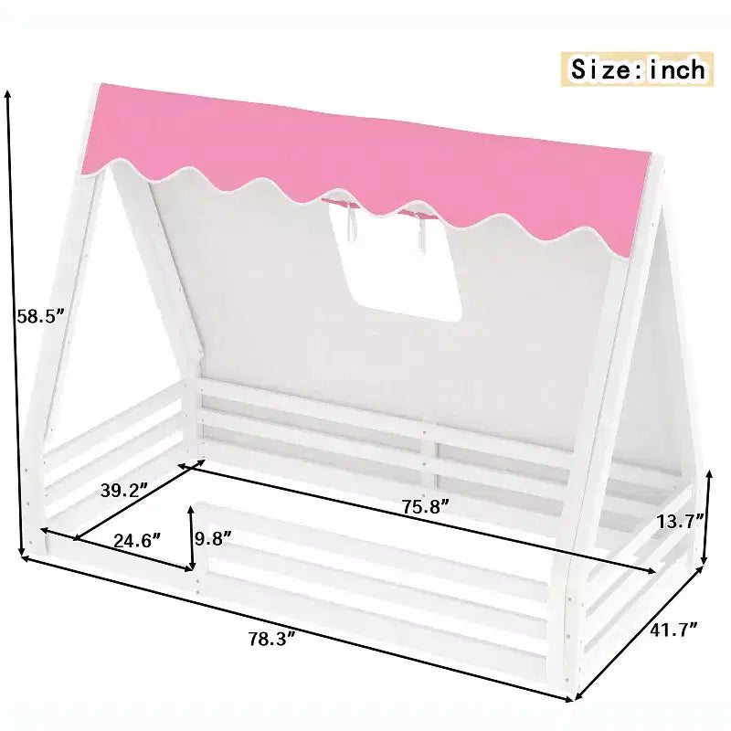 Tente cabane lit au sol pour enfants vert/rose avec bande lumineuse et barrières de sécurité – Simple/Double