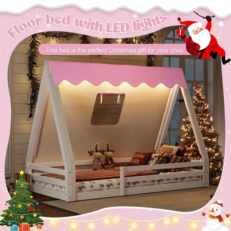 Tente cabane lit au sol pour enfants vert/rose avec bande lumineuse et barrières de sécurité – Simple/Double