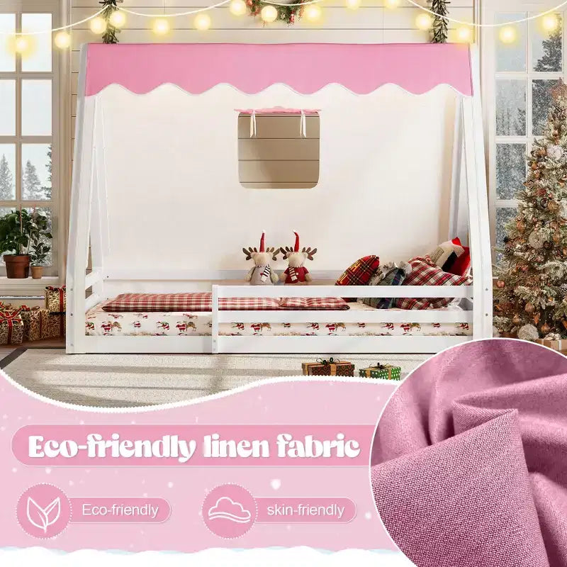 Tente cabane lit au sol pour enfants vert/rose avec bande lumineuse et barrières de sécurité – Simple/Double