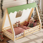 Tente cabane lit au sol pour enfants vert/rose avec bande lumineuse et barrières de sécurité – Simple/Double
