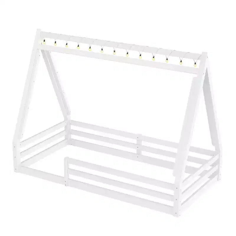 Tente cabane lit au sol pour enfants vert/rose avec bande lumineuse et barrières de sécurité – Simple/Double