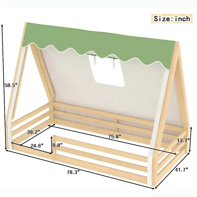 Tente cabane lit au sol pour enfants vert/rose avec bande lumineuse et barrières de sécurité – Simple/Double