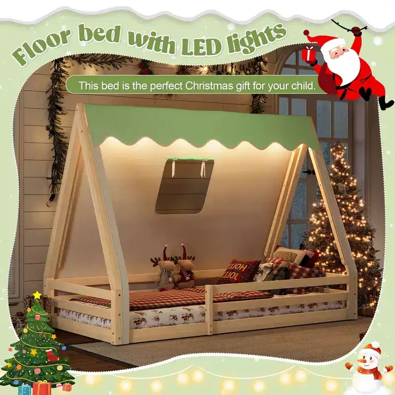 Tente cabane lit au sol pour enfants vert/rose avec bande lumineuse et barrières de sécurité – Simple/Double
