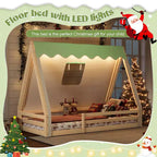 Tente cabane lit au sol pour enfants vert/rose avec bande lumineuse et barrières de sécurité – Simple/Double