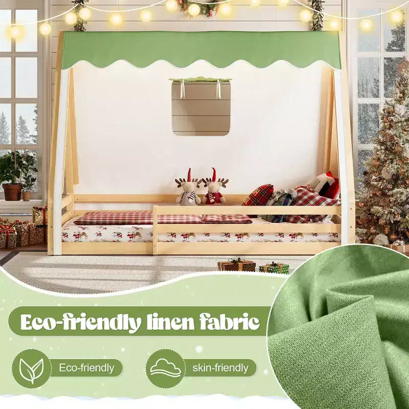 Tente cabane lit au sol pour enfants vert/rose avec bande lumineuse et barrières de sécurité – Simple/Double