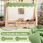 Tente cabane lit au sol pour enfants vert/rose avec bande lumineuse et barrières de sécurité – Simple/Double