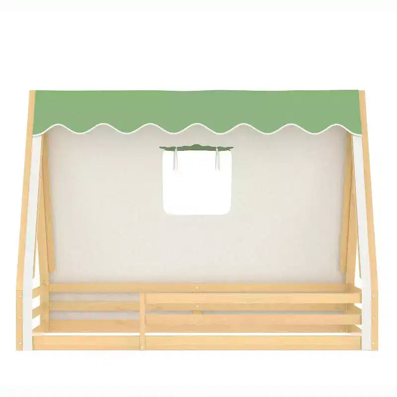 Tente cabane lit au sol pour enfants vert/rose avec bande lumineuse et barrières de sécurité – Simple/Double