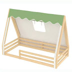 Tente cabane lit au sol pour enfants vert/rose avec bande lumineuse et barrières de sécurité – Simple/Double