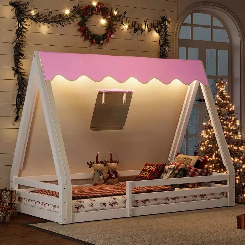 Tente cabane lit au sol pour enfants vert/rose avec bande lumineuse et barrières de sécurité – Simple/Double