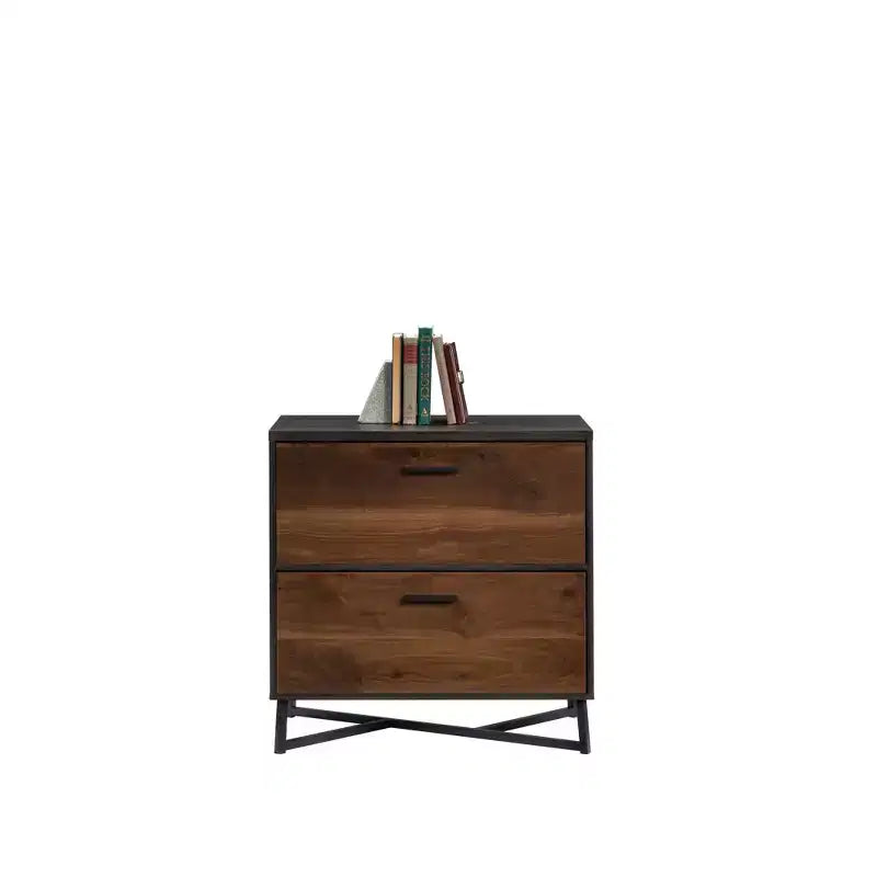 Meuble de classement 2 tiroirs en Noyer foncé, Mid-Century Modern, Piètement en métal