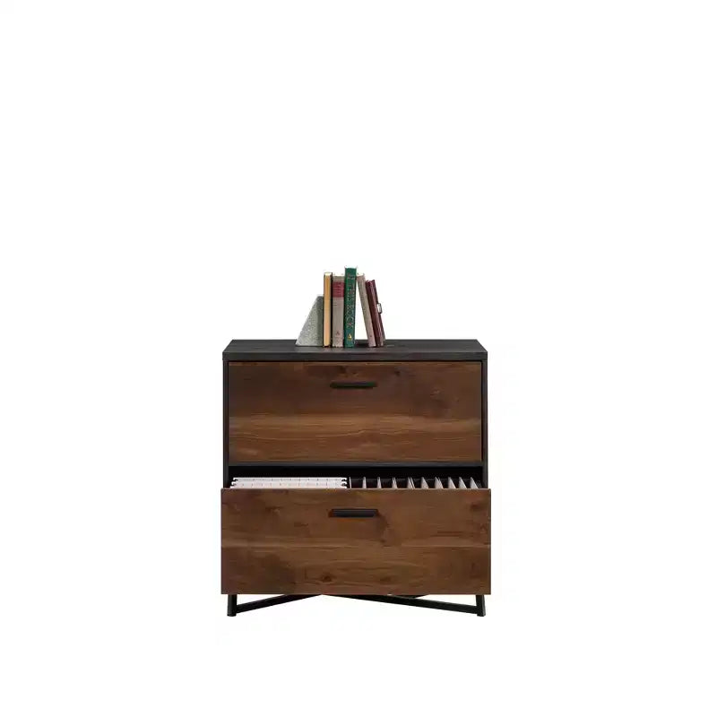 Meuble de classement 2 tiroirs en Noyer foncé, Mid-Century Modern, Piètement en métal