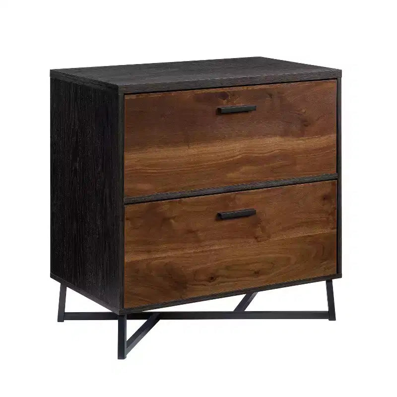 Meuble de classement 2 tiroirs en Noyer foncé, Mid-Century Modern, Piètement en métal