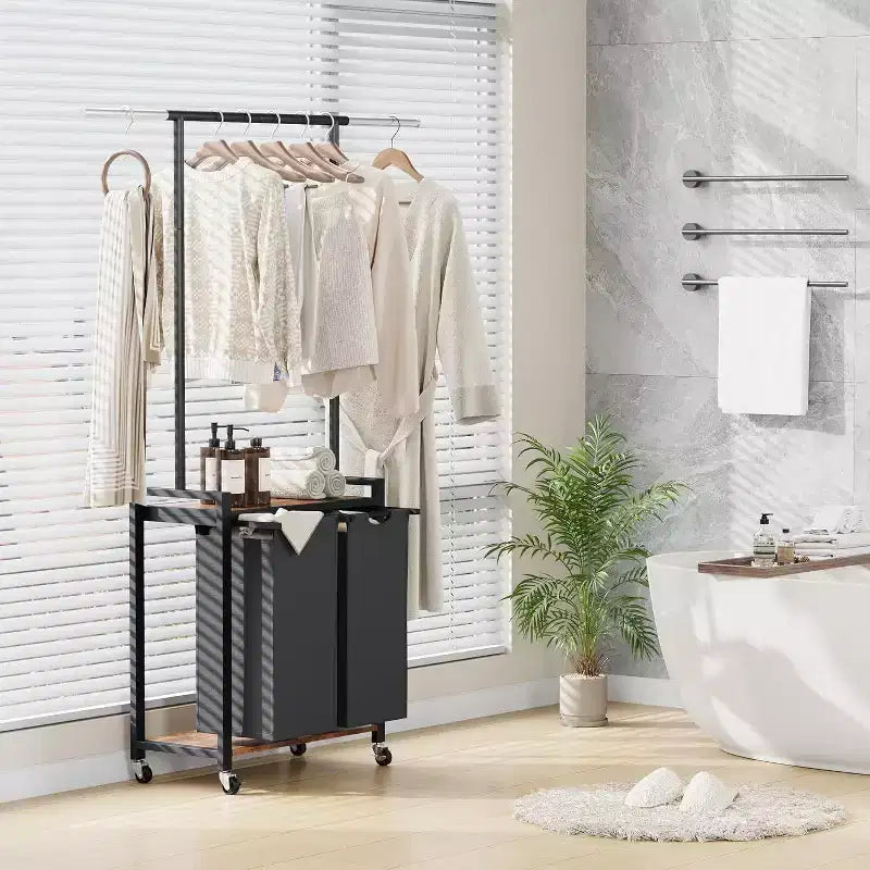 Trieur à linge roulant en métal argenté avec tringle et étagère, 2-3 sacs