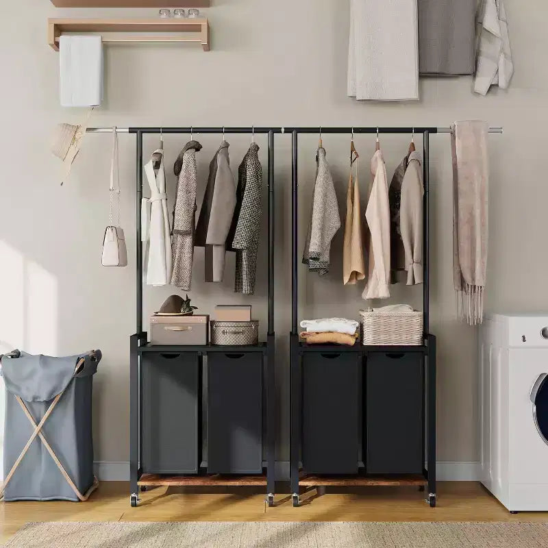 Trieur à linge roulant en métal argenté avec tringle et étagère, 2-3 sacs