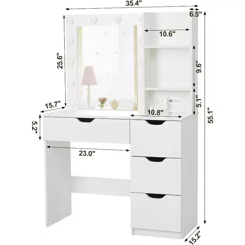 Coiffeuse noire/blanc chaud avec miroir, 4 tiroirs et étagères, prise de courant – 1 personne