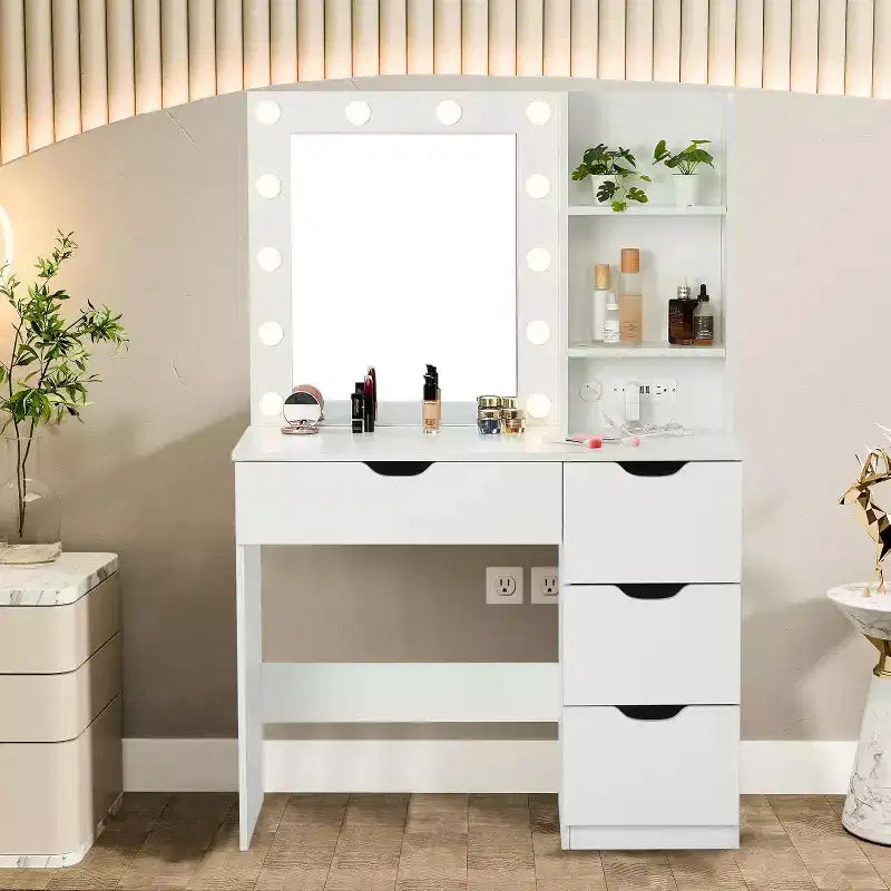Coiffeuse noire/blanc chaud avec miroir, 4 tiroirs et étagères, prise de courant – 1 personne