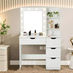 Coiffeuse noire/blanc chaud avec miroir, 4 tiroirs et étagères, prise de courant – 1 personne