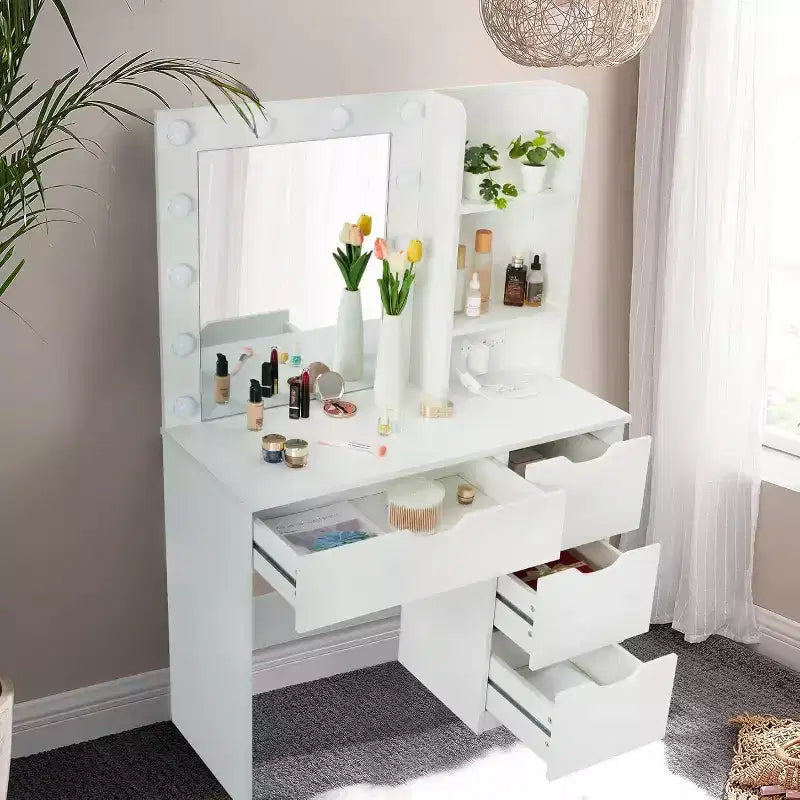 Coiffeuse noire/blanc chaud avec miroir, 4 tiroirs et étagères, prise de courant – 1 personne
