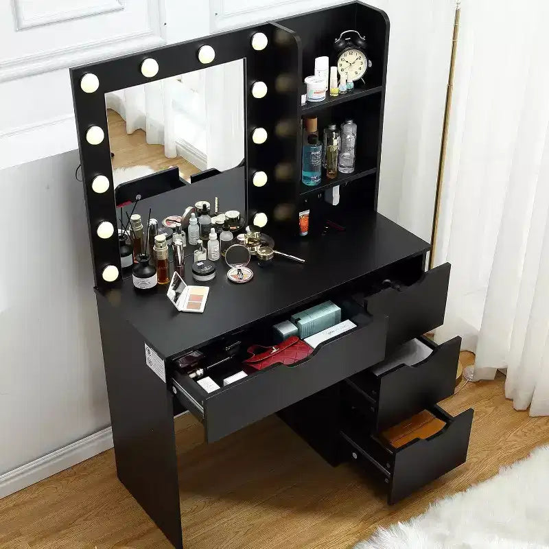 Coiffeuse noire/blanc chaud avec miroir, 4 tiroirs et étagères, prise de courant – 1 personne