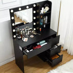 Coiffeuse noire/blanc chaud avec miroir, 4 tiroirs et étagères, prise de courant – 1 personne