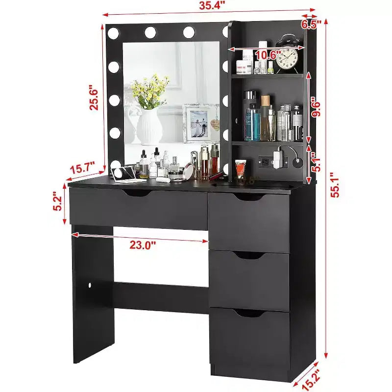 Coiffeuse noire/blanc chaud avec miroir, 4 tiroirs et étagères, prise de courant – 1 personne