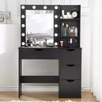 Coiffeuse noire/blanc chaud avec miroir, 4 tiroirs et étagères, prise de courant – 1 personne