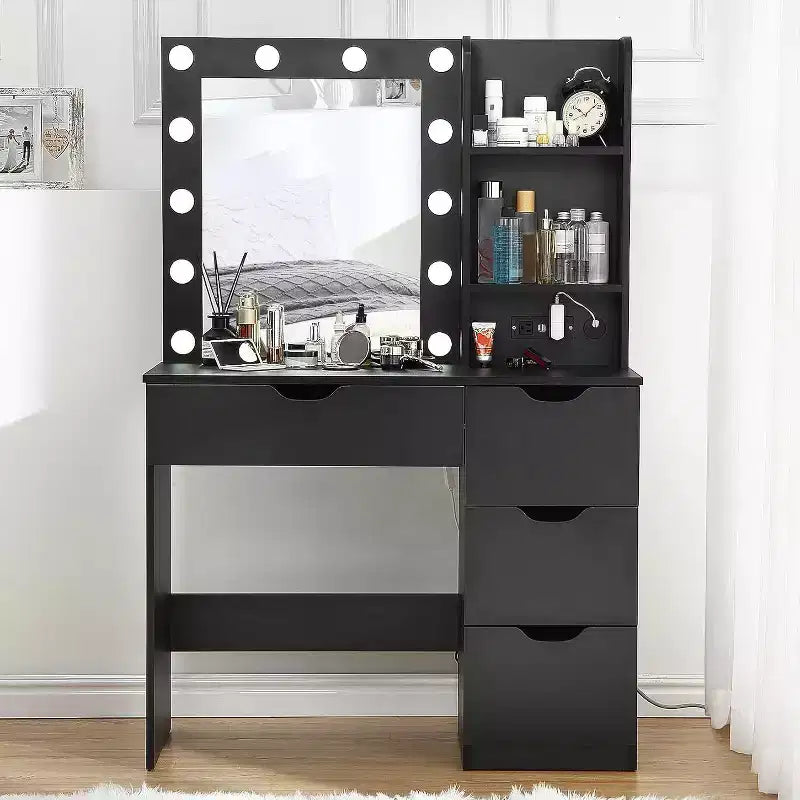 Coiffeuse noire/blanc chaud avec miroir, 4 tiroirs et étagères, prise de courant – 1 personne