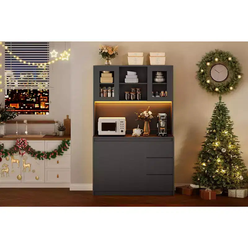 Armoire de cuisine 4 portes imitation bois marron avec prise de courant et 3 tiroirs