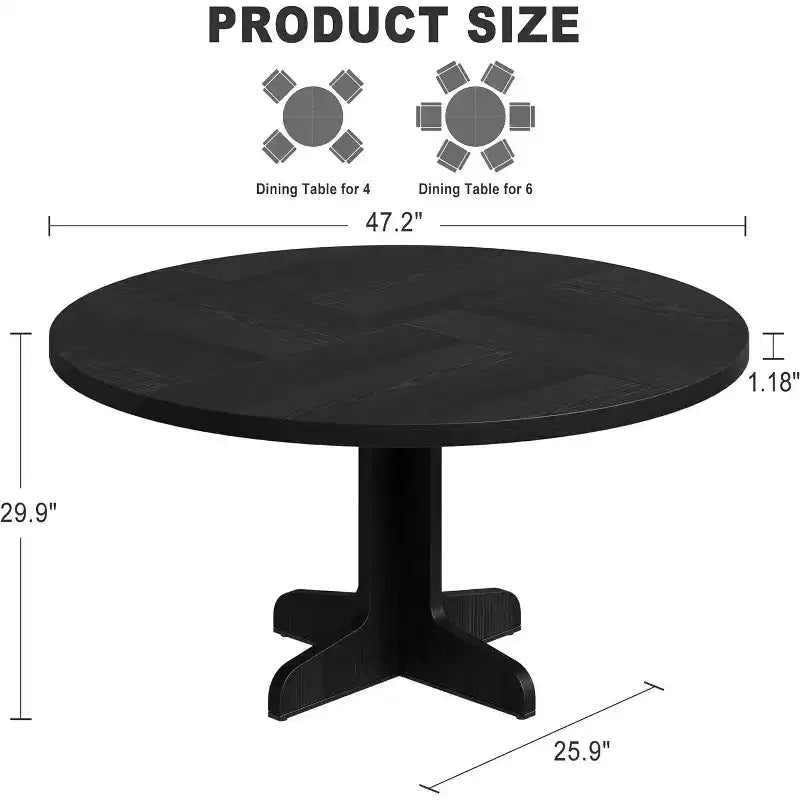 Table à manger ronde de 47" avec pieds arqués, noir/gris, pour 4 à 6 personnes