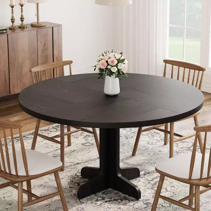 Table à manger ronde de 47" avec pieds arqués, noir/gris, pour 4 à 6 personnes