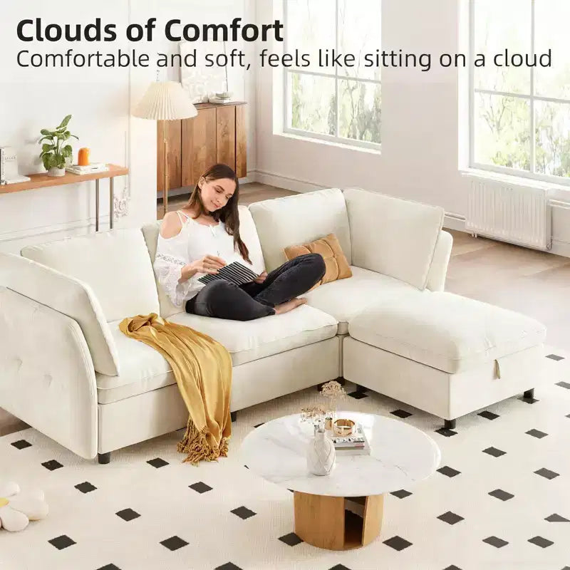 Fauteuil sans accoudoirs et pouf de rangement en velours beige crème, 2 places, modulable