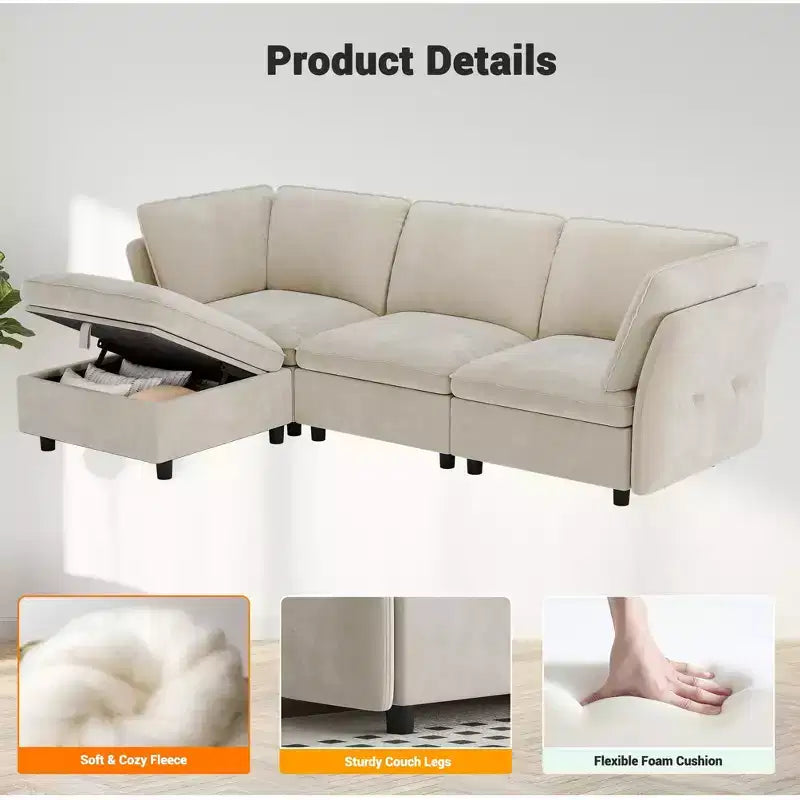 Fauteuil sans accoudoirs et pouf de rangement en velours beige crème, 2 places, modulable